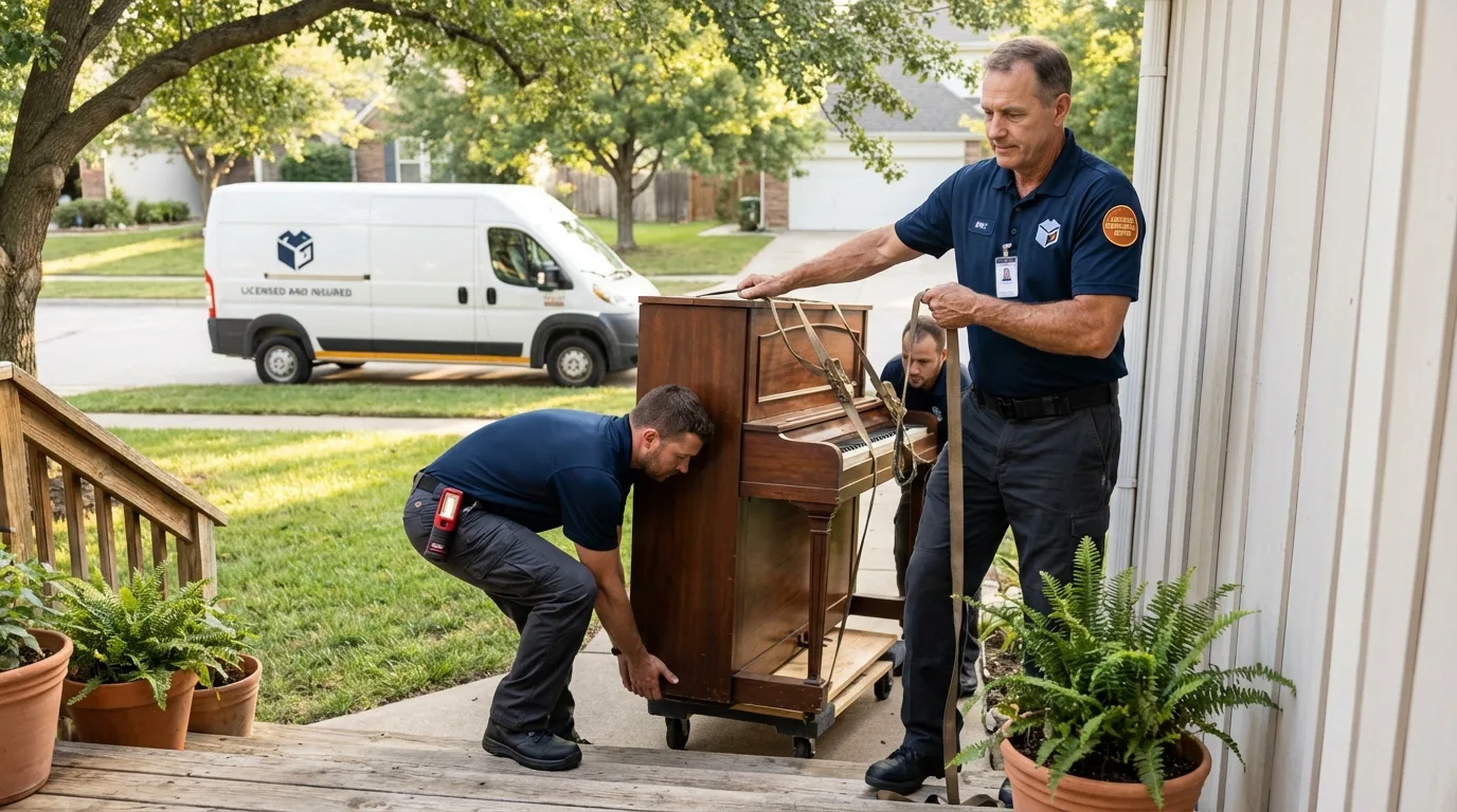 Licensed piano movers securing grand piano in Lakeside, OR