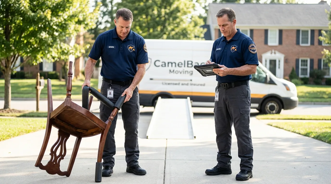 Movers inspecting furniture for damage prevention before loading in Lakeside, OR