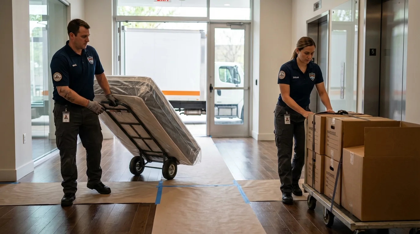 Professional apartment movers loading elevator in Lakeside, OR