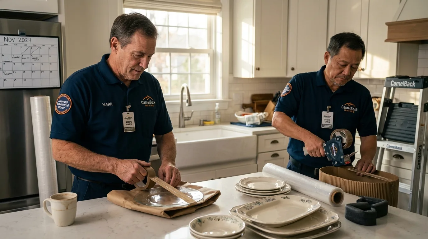 Professional crew packing kitchen dishware in Lakeside, OR